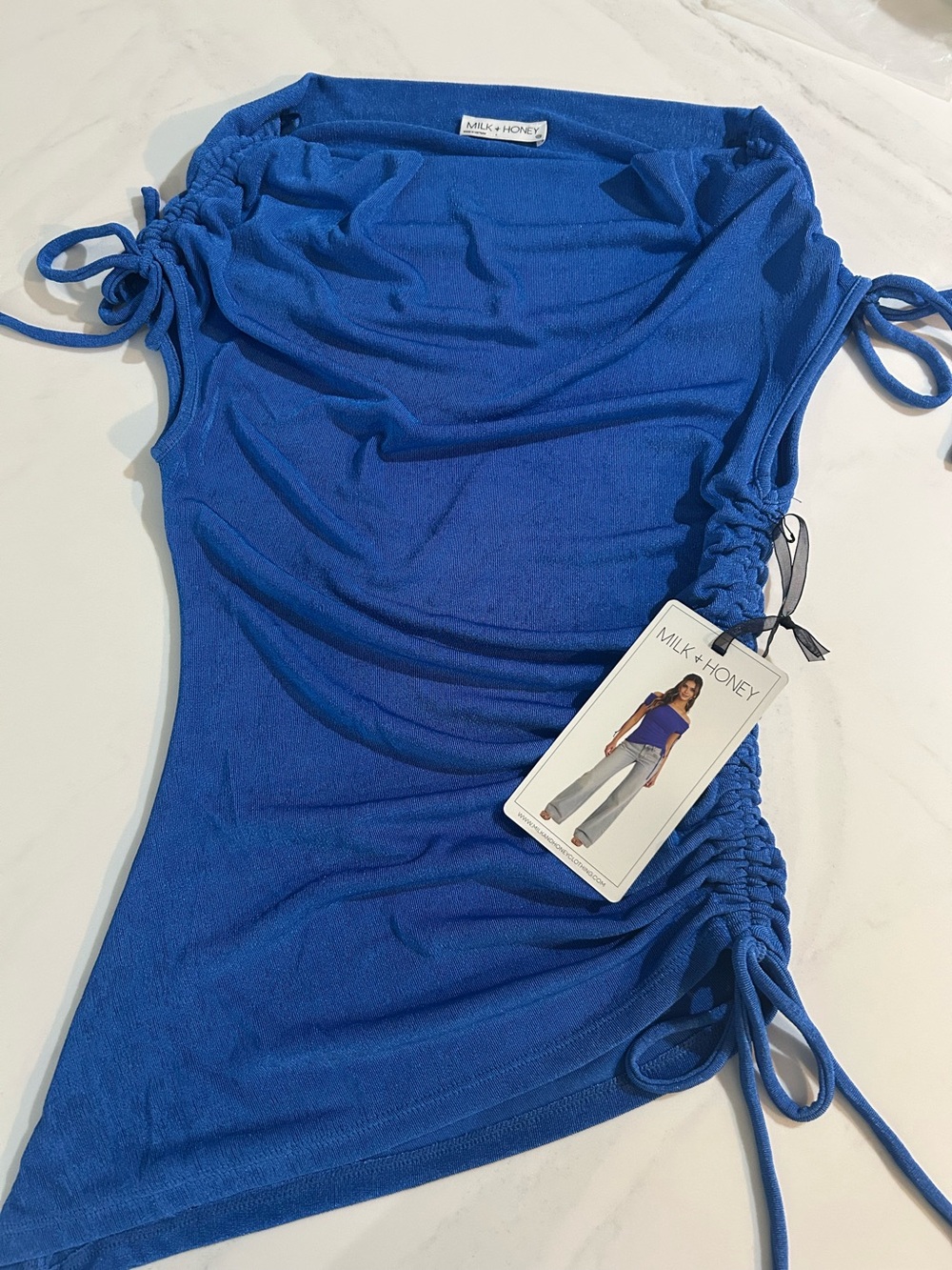 Milk + Honey Royal Blue Side-Ruched Tank Top
